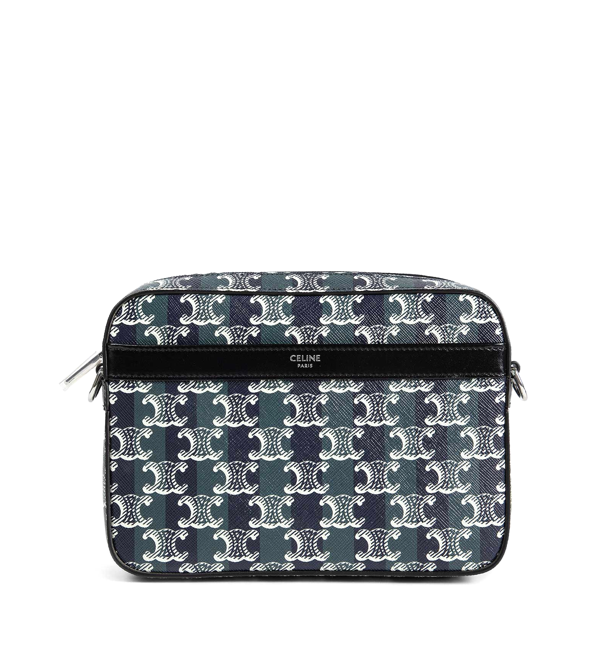 Small Messenger Bag In Striped Triomphe Canvas And Calfskin - Black/Navy Blue