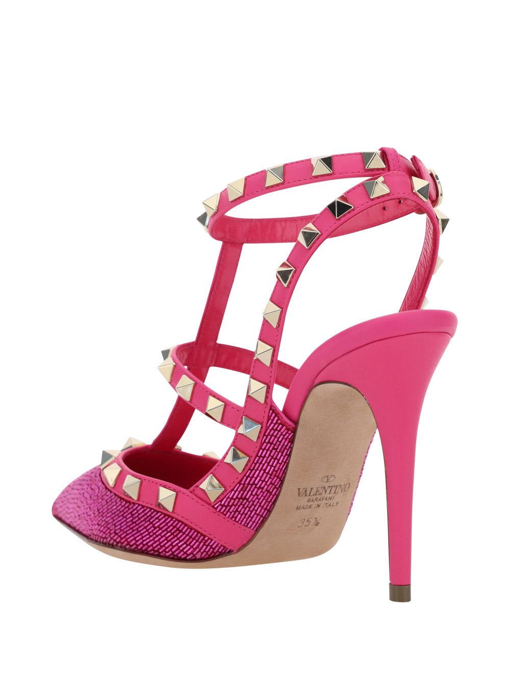 Satin Rockstud Pumps With All-Over Tubes Embroidery And Straps 100MM - Pink.