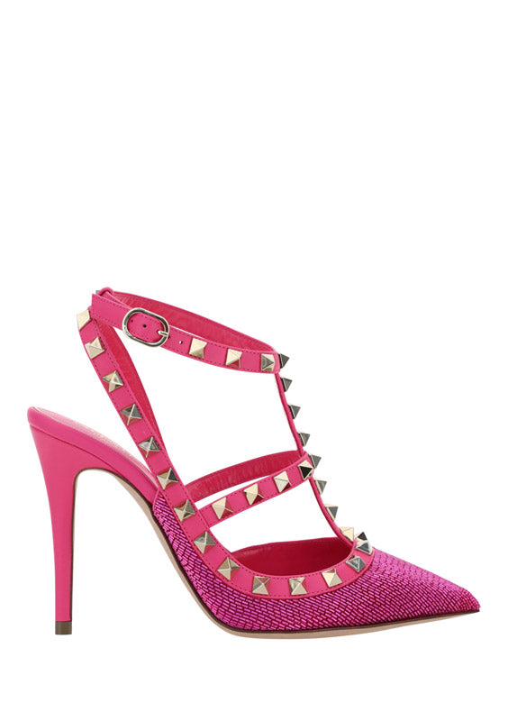Satin Rockstud Pumps With All-Over Tubes Embroidery And Straps 100MM - Pink.