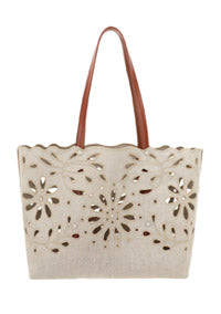 Kamilla East-West Tote Bag In Linen & Shiny Calfskin - Sepia Brown