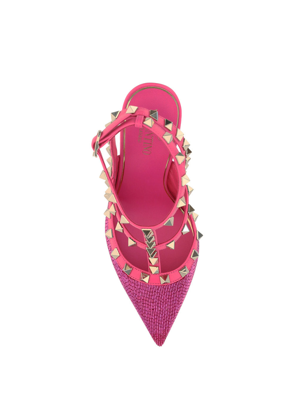 Satin Rockstud Pumps With All-Over Tubes Embroidery And Straps 100MM - Pink.