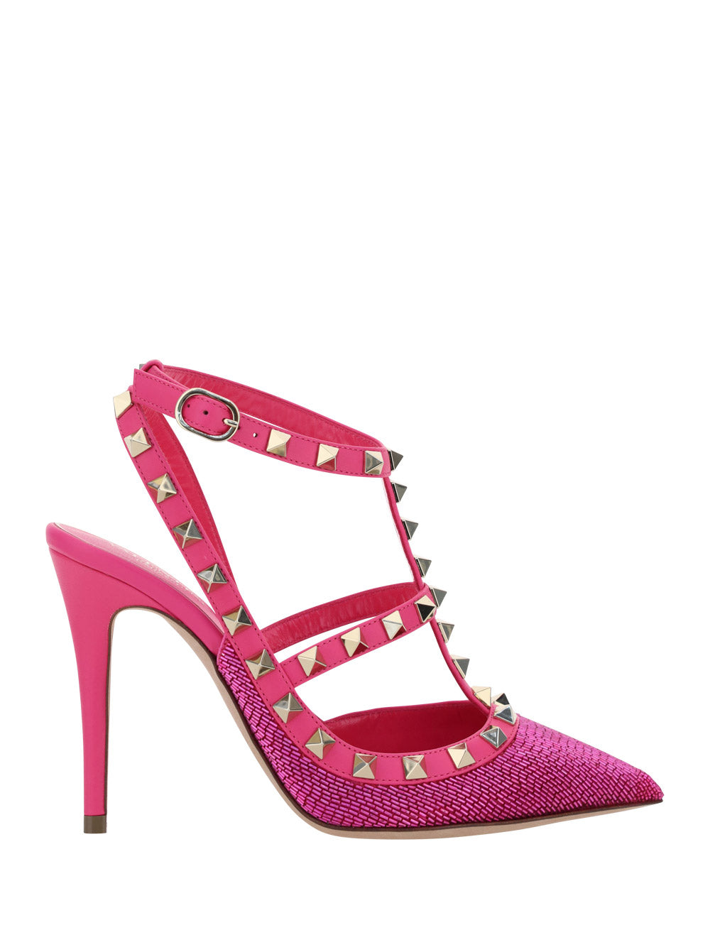 Satin Rockstud Pumps With All-Over Tubes Embroidery And Straps 100MM - Pink.
