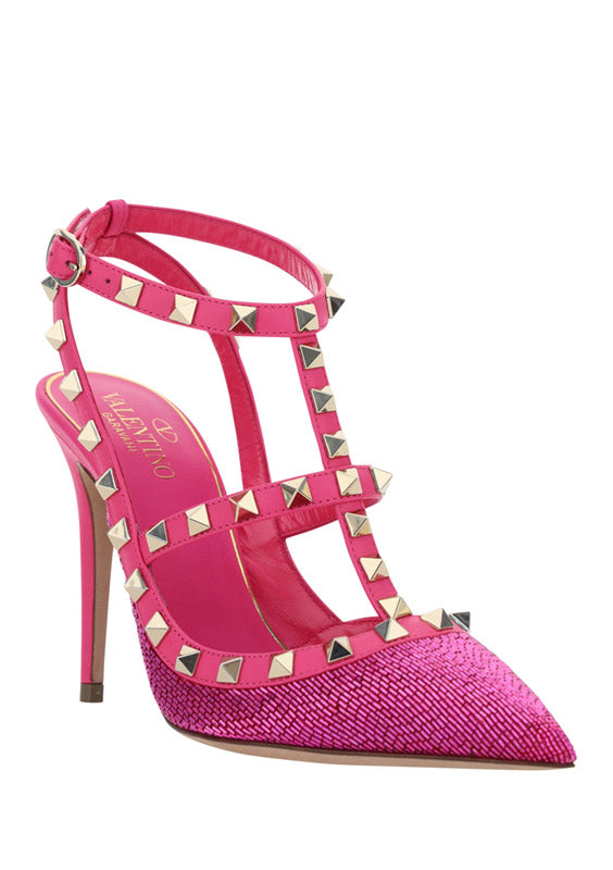 Satin Rockstud Pumps With All-Over Tubes Embroidery And Straps 100MM - Pink.