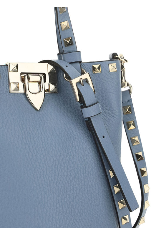 Rockstud Grainy Calfskin Bucket Pouch - Azure.