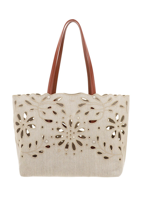 Kamilla East-West Tote Bag In Linen & Shiny Calfskin - Sepia Brown