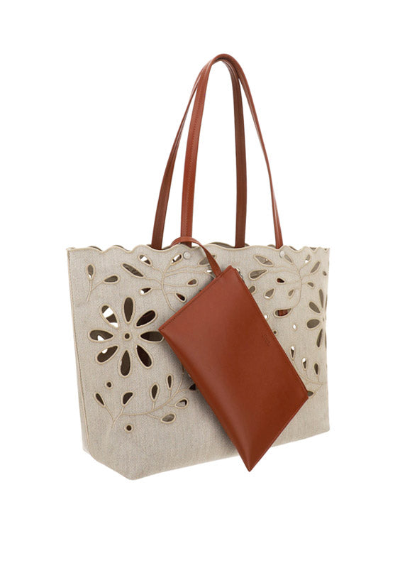 Kamilla East-West Tote Bag In Linen & Shiny Calfskin - Sepia Brown