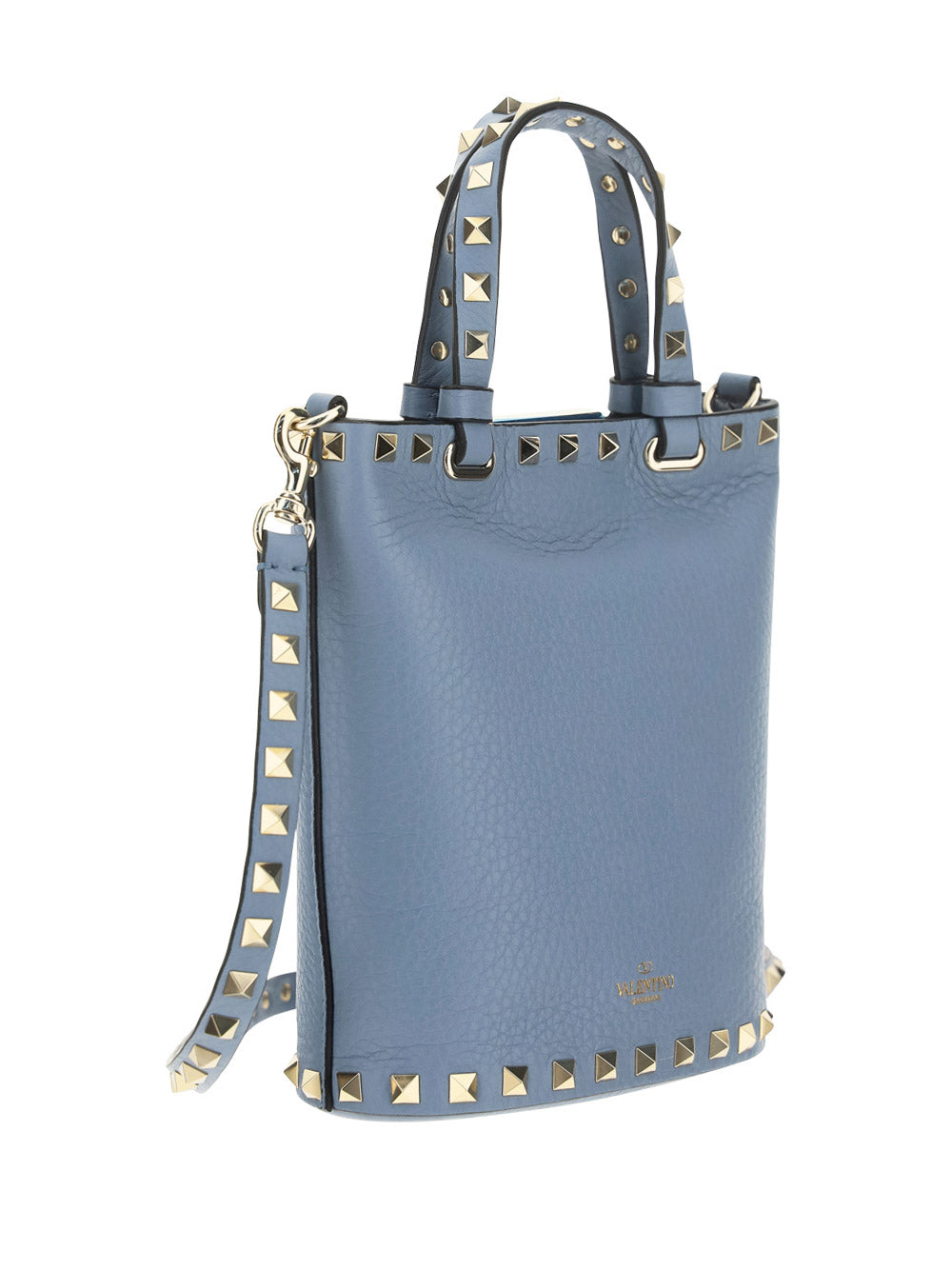 Rockstud Grainy Calfskin Bucket Pouch - Azure.