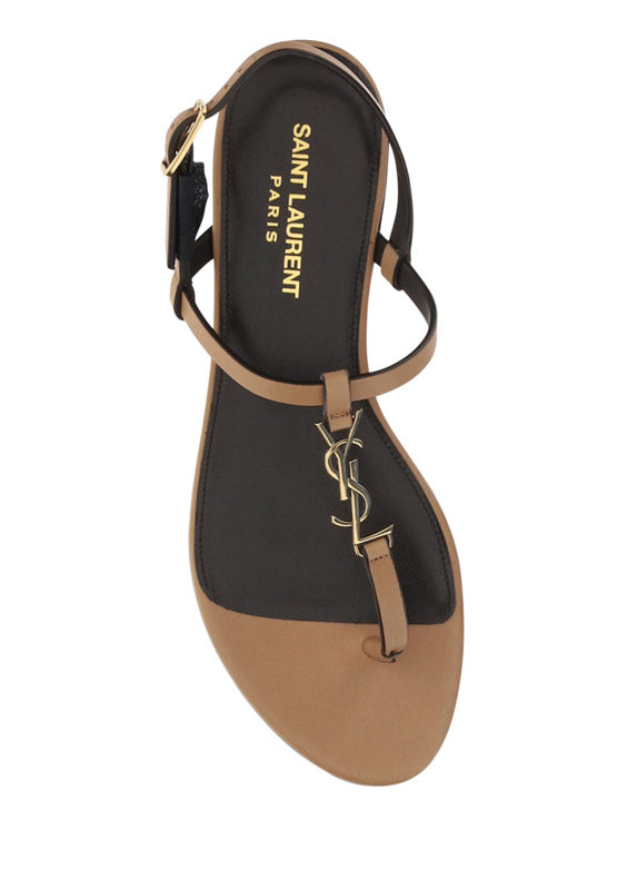 Cassandra Flat Sandals in Leather with Bronze-Tone Monogram - Marron Gold