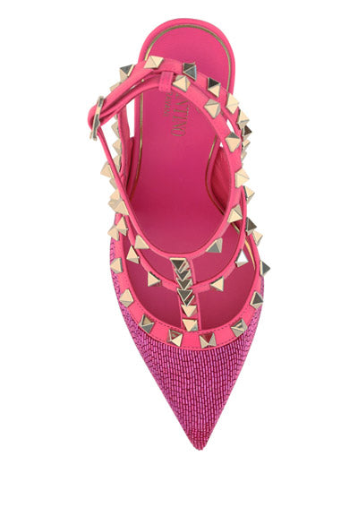 Satin Rockstud Pumps With All-Over Tubes Embroidery And Straps 100MM - Pink.