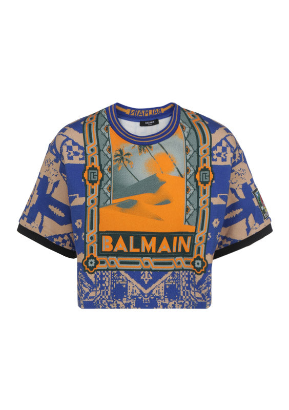 Cropped Cotton T-shirt with Balmain Logo Print - Multicolor