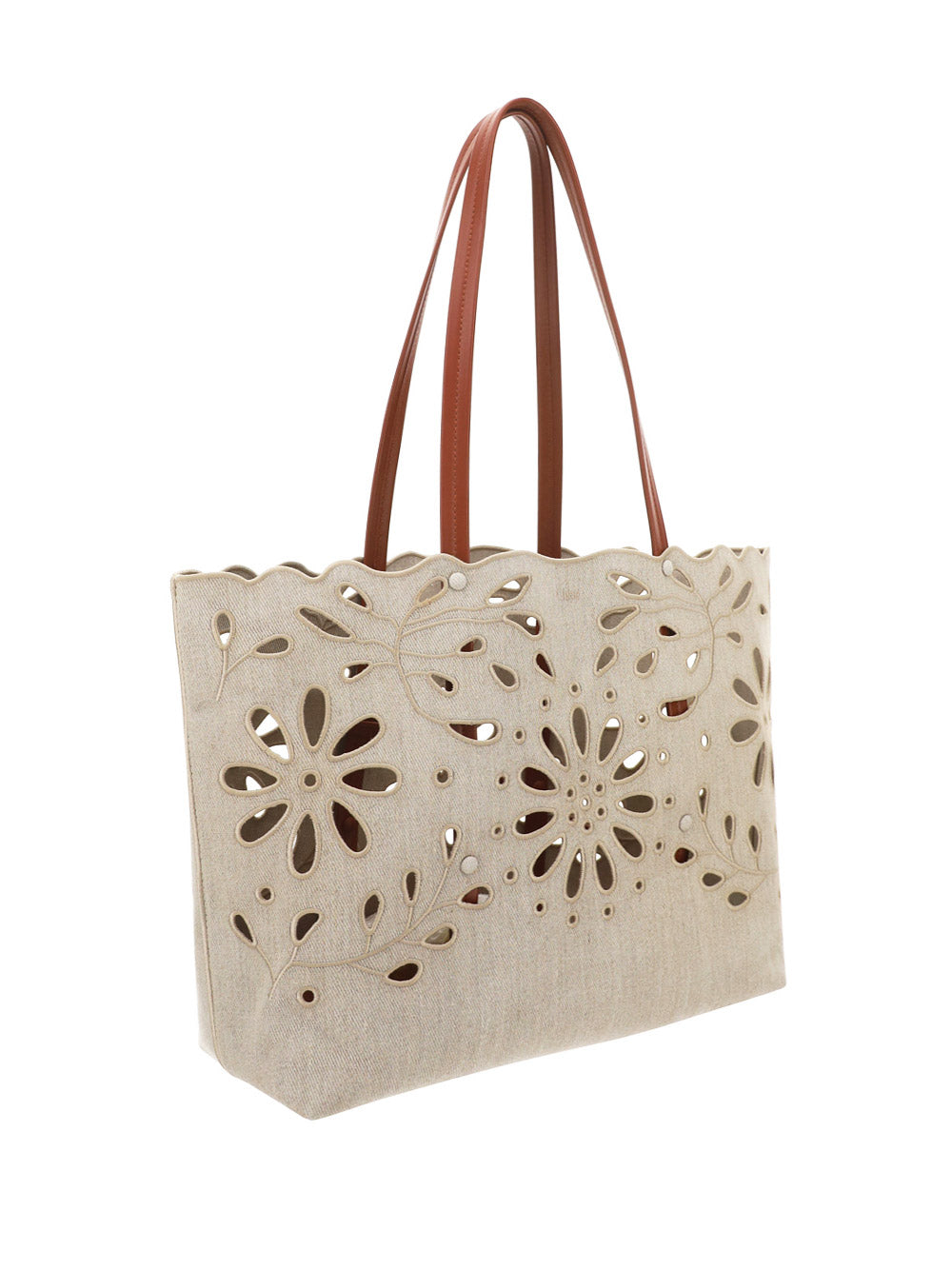 Kamilla East-West Tote Bag In Linen & Shiny Calfskin - Sepia Brown