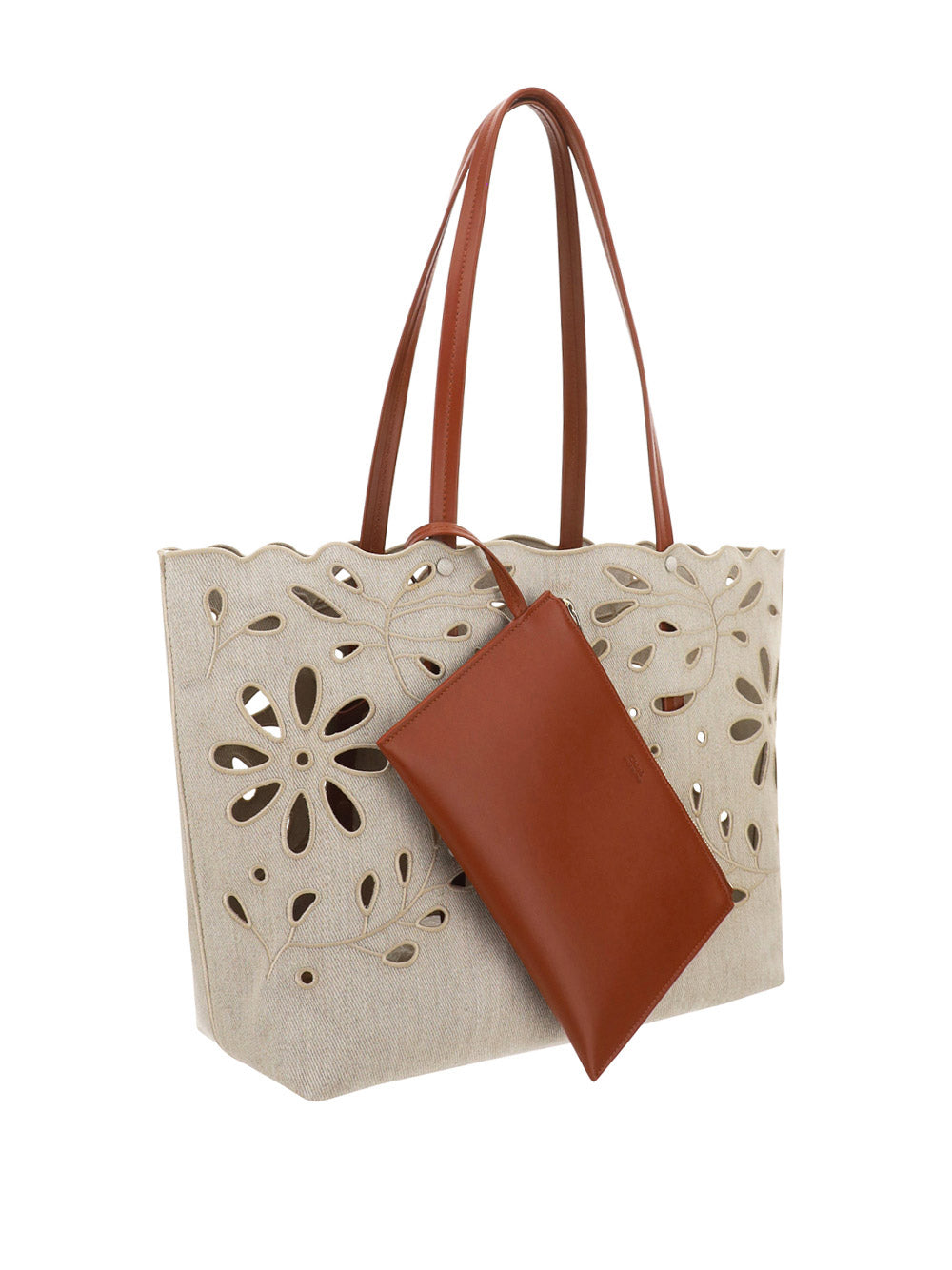 Kamilla East-West Tote Bag In Linen & Shiny Calfskin - Sepia Brown