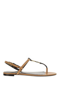 Cassandra Flat Sandals in Leather with Bronze-Tone Monogram - Marron Gold