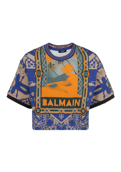 Cropped Cotton T-shirt with Balmain Logo Print - Multicolor