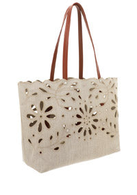 Kamilla East-West Tote Bag In Linen & Shiny Calfskin - Sepia Brown