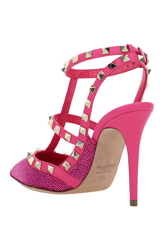Satin Rockstud Pumps With All-Over Tubes Embroidery And Straps 100MM - Pink.