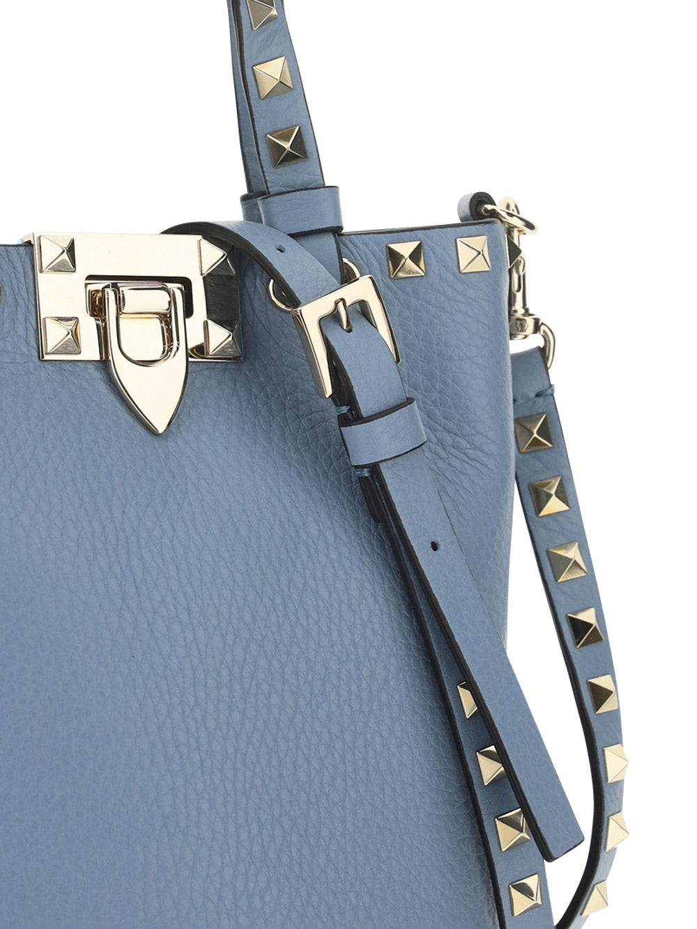 Rockstud Grainy Calfskin Bucket Pouch - Azure.