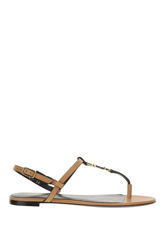 Cassandra Flat Sandals in Leather with Bronze-Tone Monogram - Marron Gold