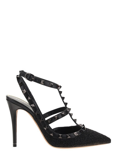 Rockstud Ankle Strap Pump In Tweed Lamé - Black