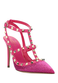 Satin Rockstud Pumps With All-Over Tubes Embroidery And Straps 100MM - Pink.