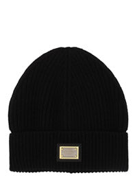 Knit Cashmere Hat with branded Plate - Black