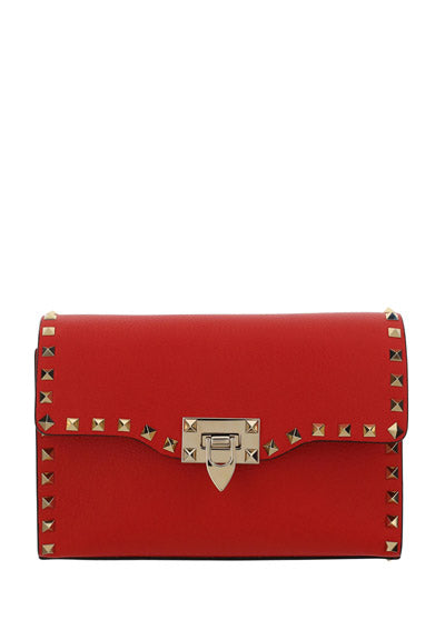 Small Rockstud Grainy Calfskin Crossbody Bag - Red