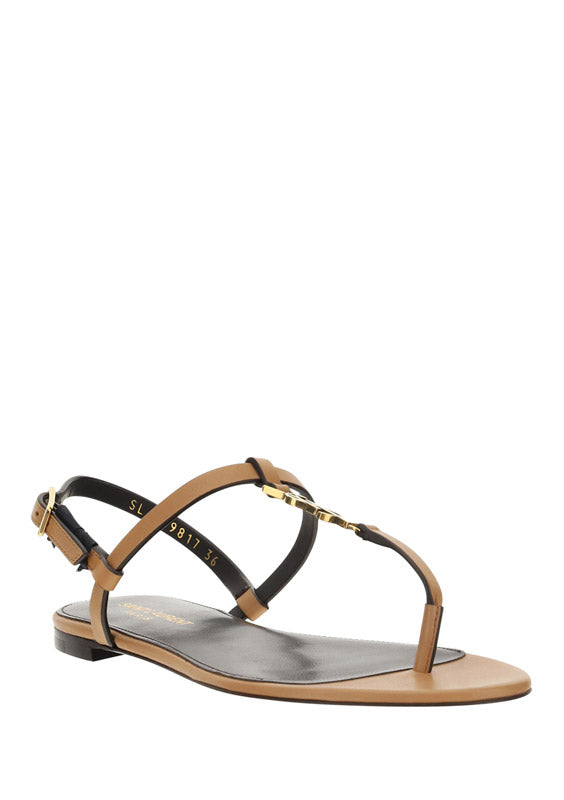 Cassandra Flat Sandals in Leather with Bronze-Tone Monogram - Marron Gold