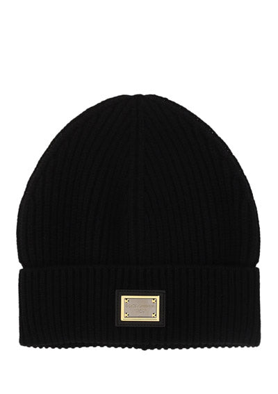 Knit Cashmere Hat with branded Plate - Black