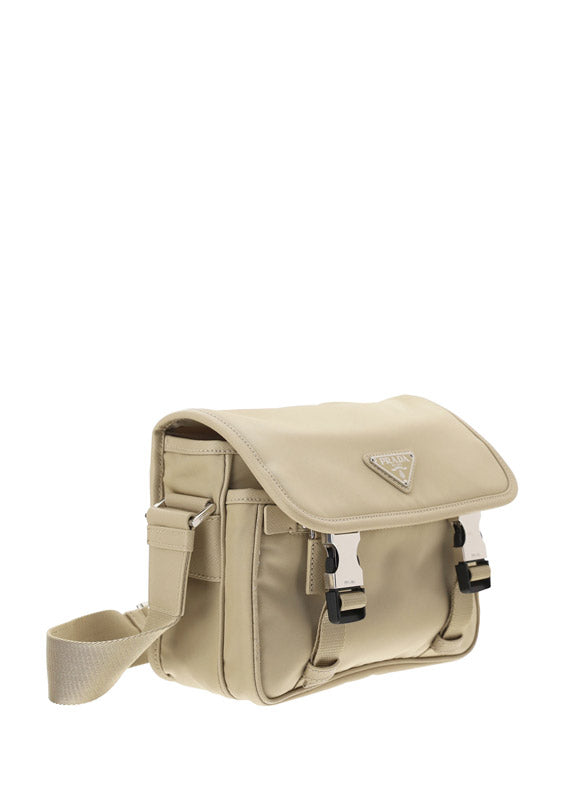 Re-Nylon and Saffiano Leather Shoulder Bag - Beige