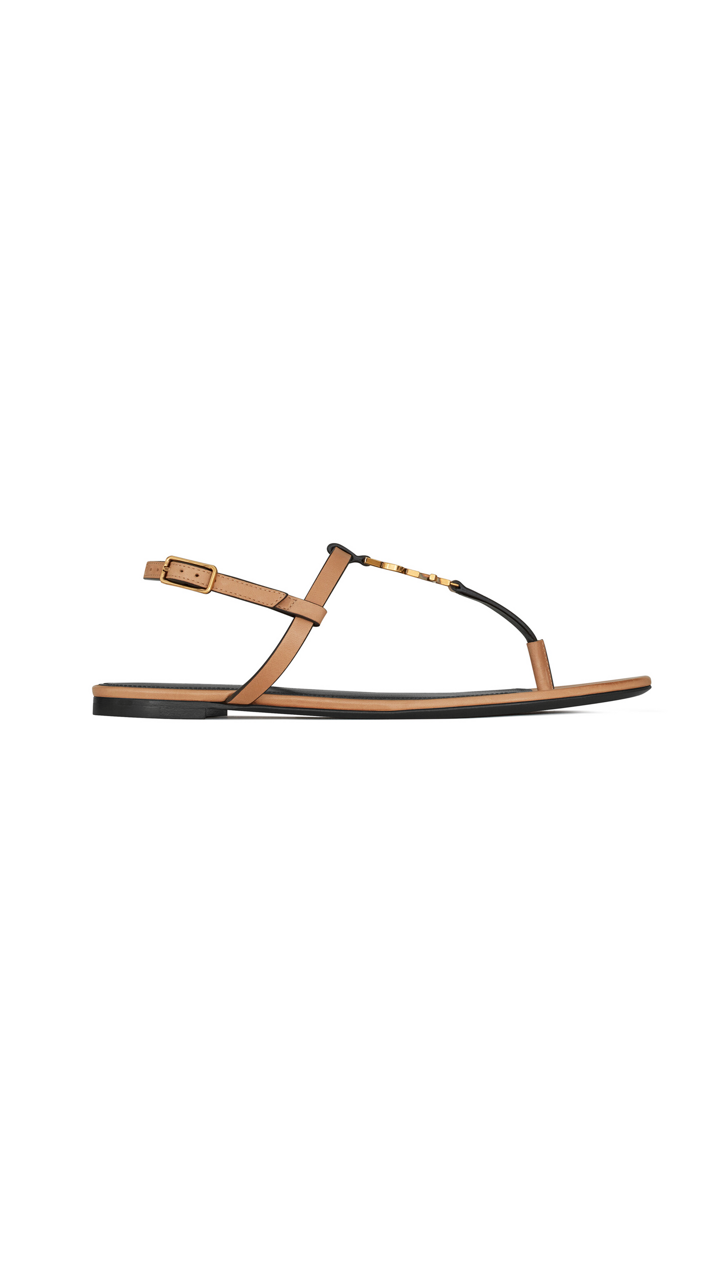 Cassandra Flat Sandals in Leather with Bronze-Tone Monogram - Marron Gold