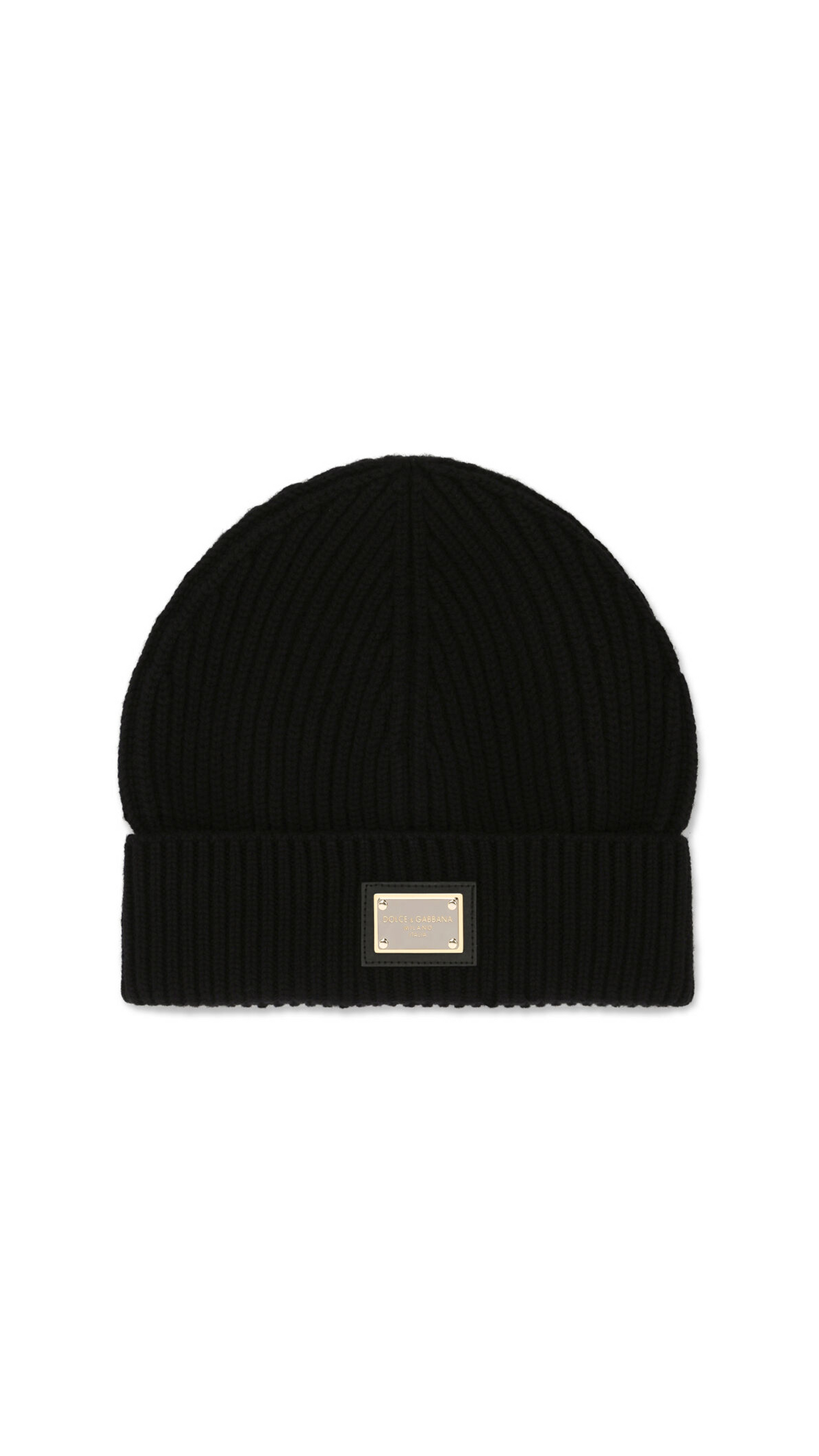 Knit Cashmere Hat with branded Plate - Black