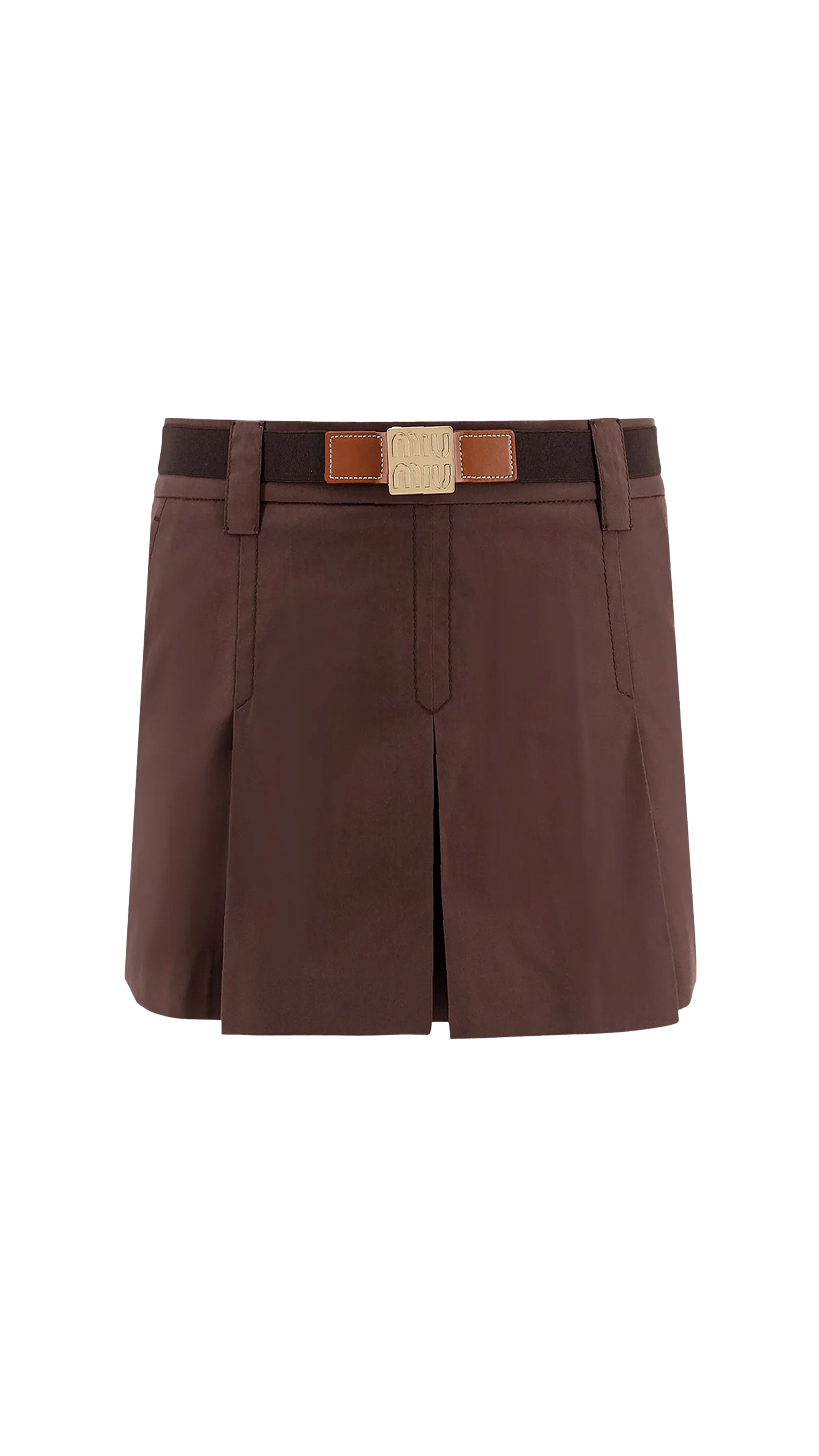 Panama Pleated Mini Skirt With Belt - Brown