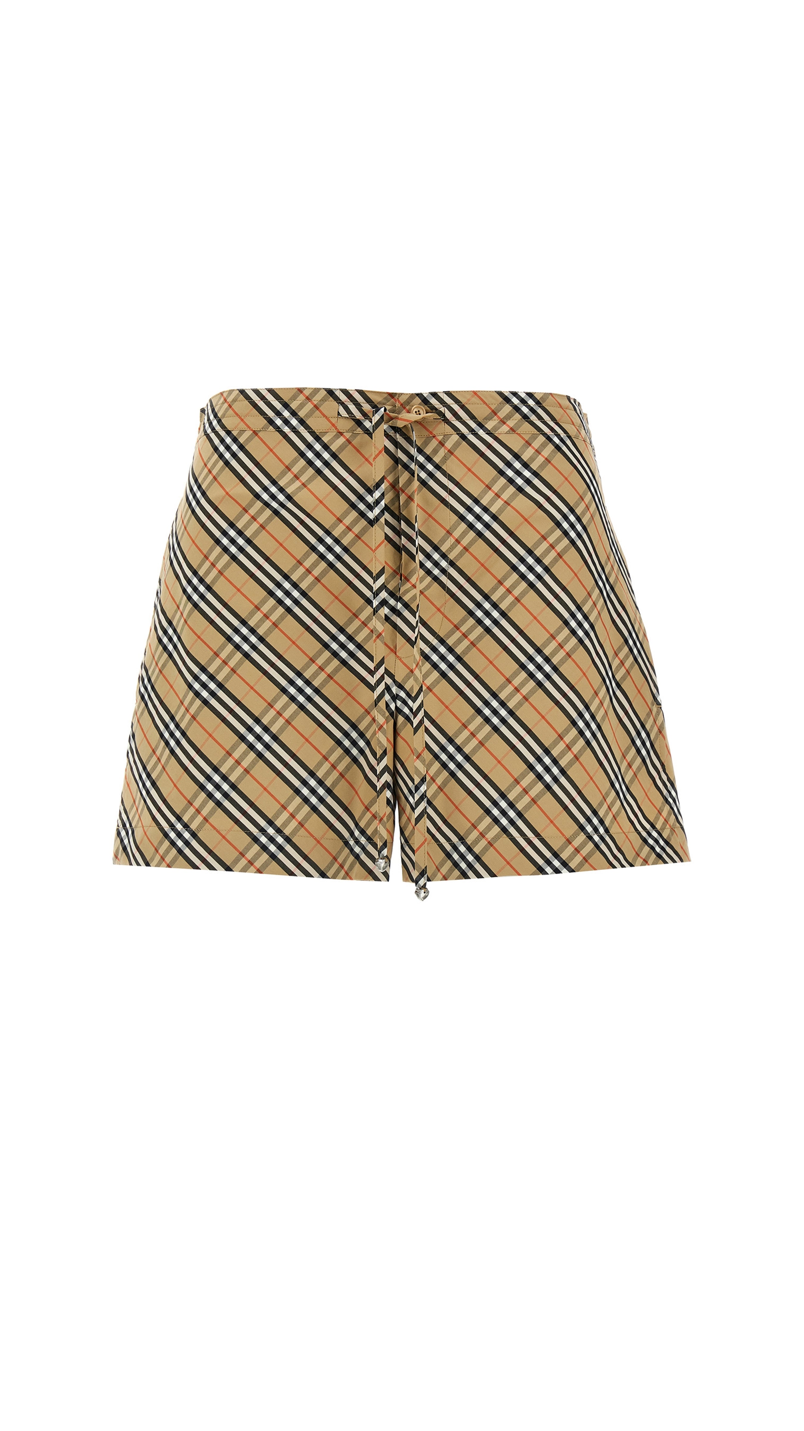 Checked Pattern Elastic Waistband Shorts - Beige