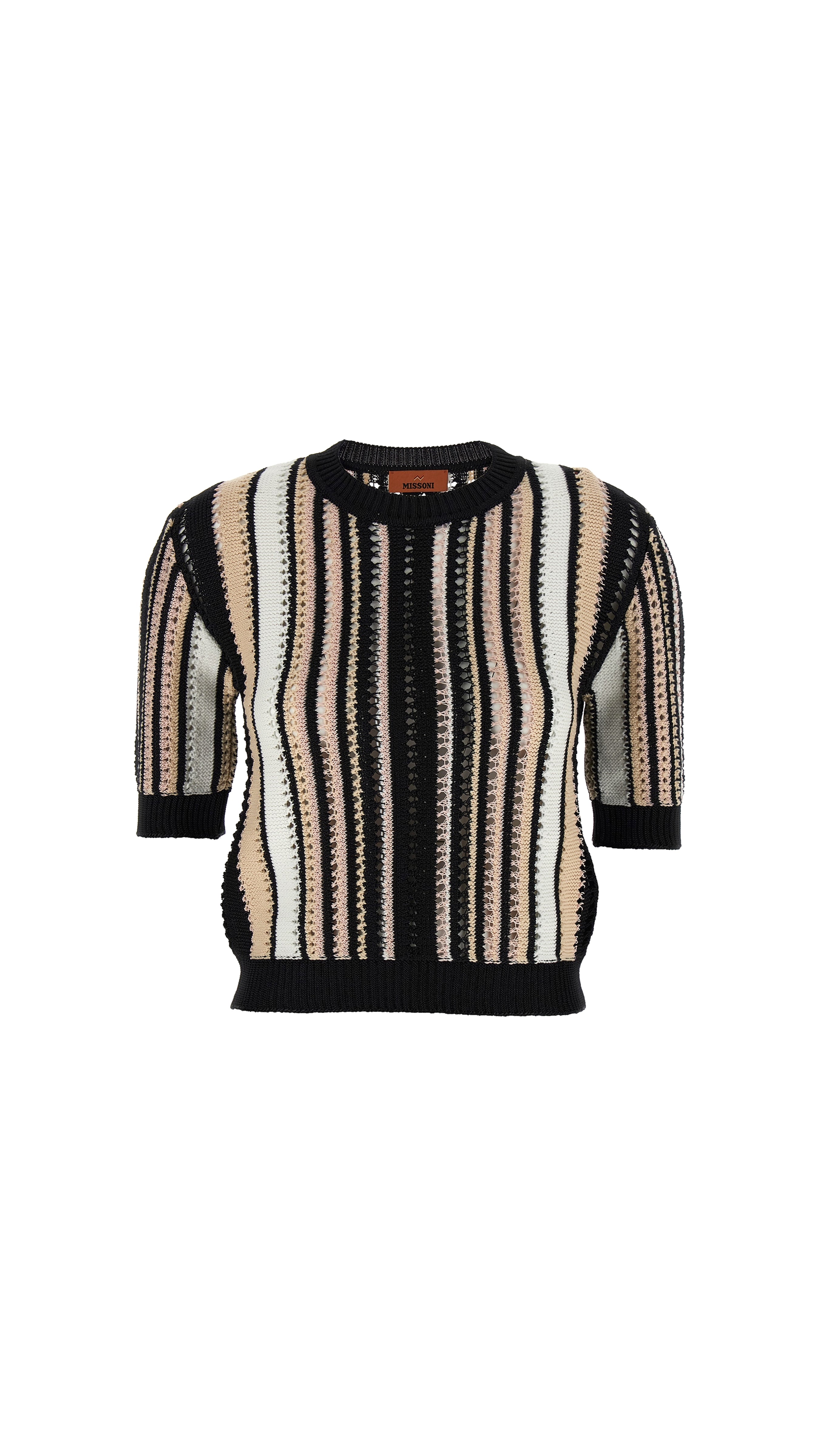 Striped Crochet Crewneck Sweater With Short Sleeves - Multicolor