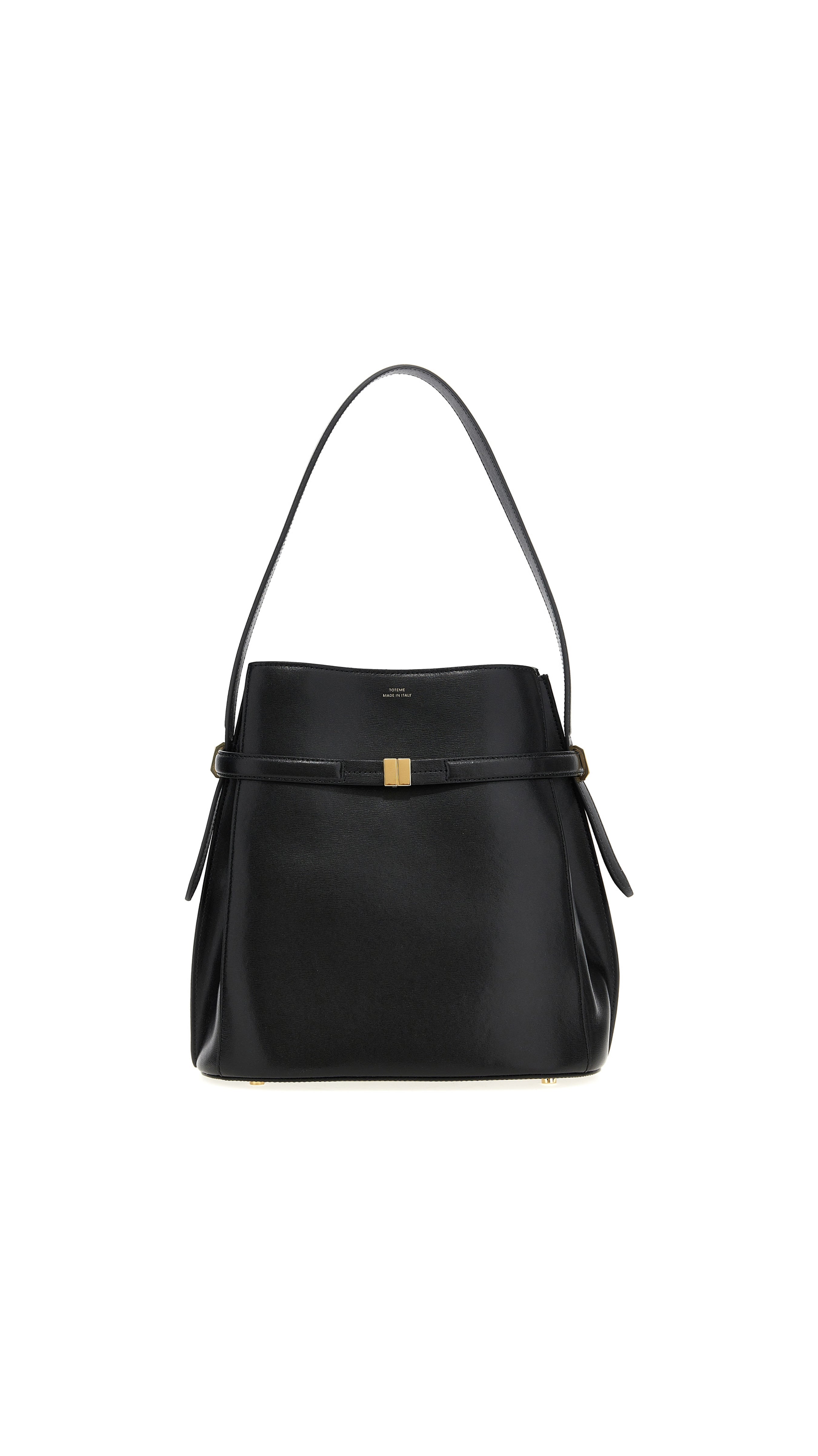 Belted Leather Bucket Bag - Black