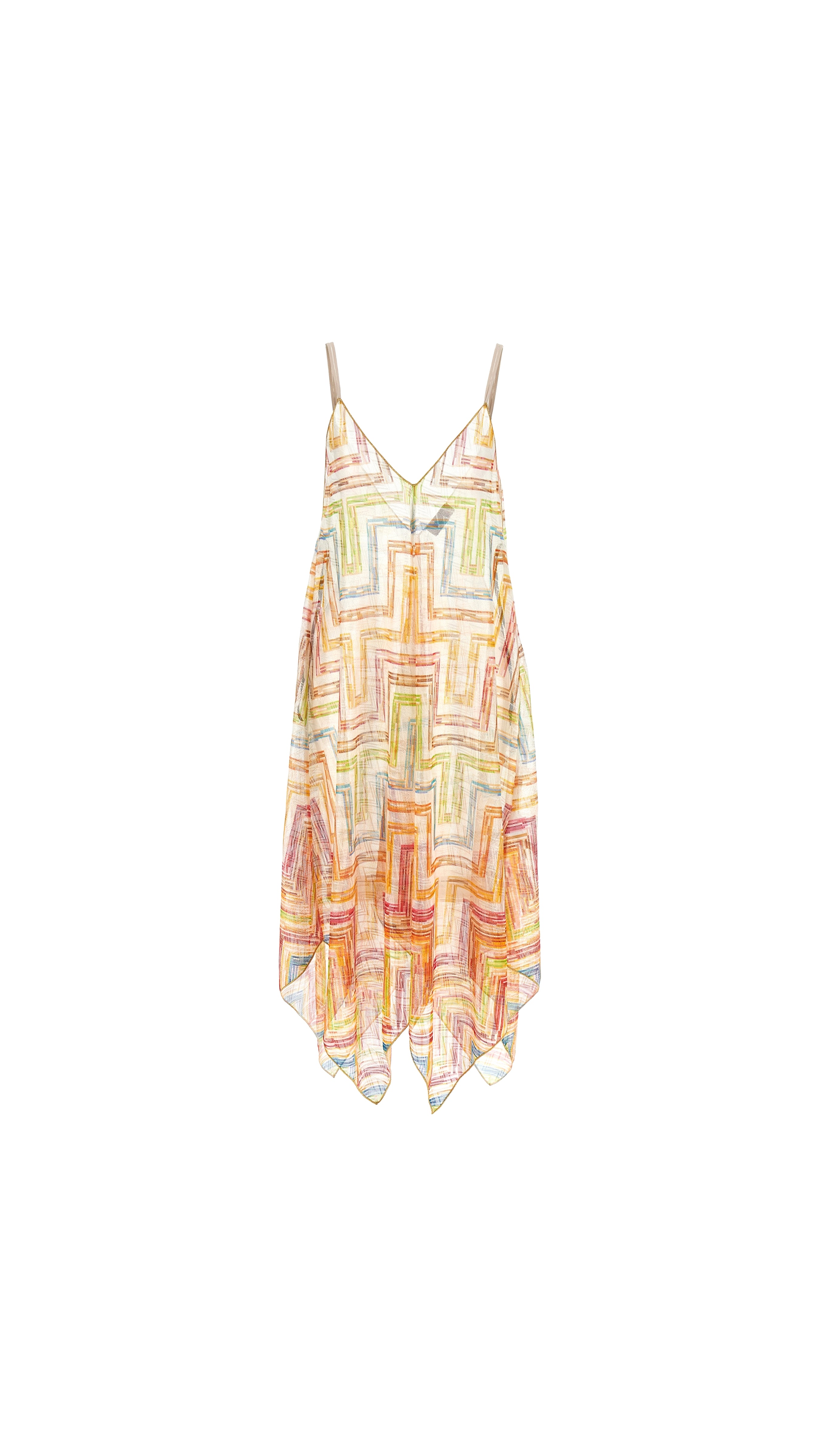 Long Cover-up Dress In Printed Tulle With Scarf Bottom - Multicolour