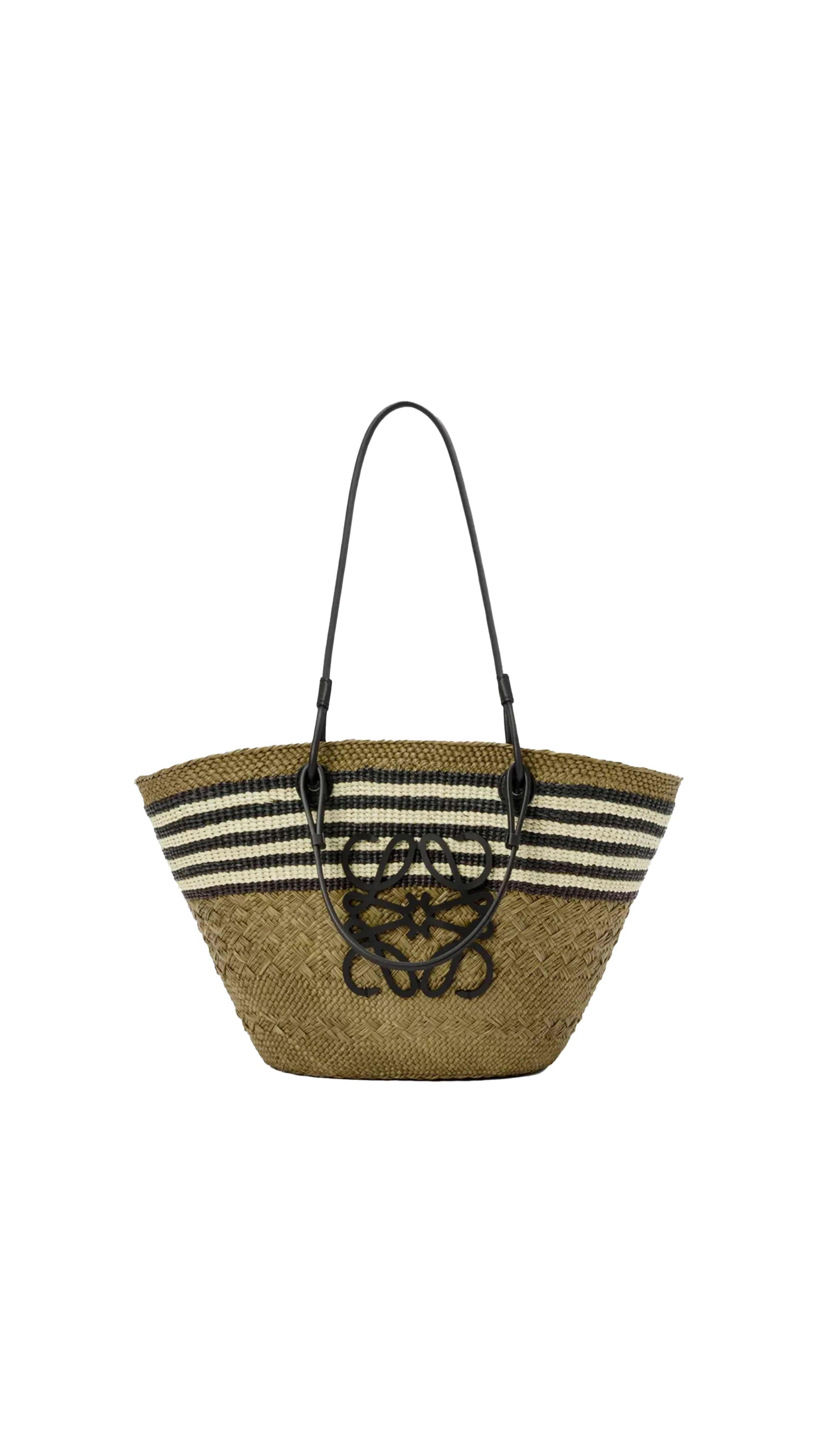 Medium Anagram Basket in Iraca Palm and Calfskin - Dark Khaki/Black