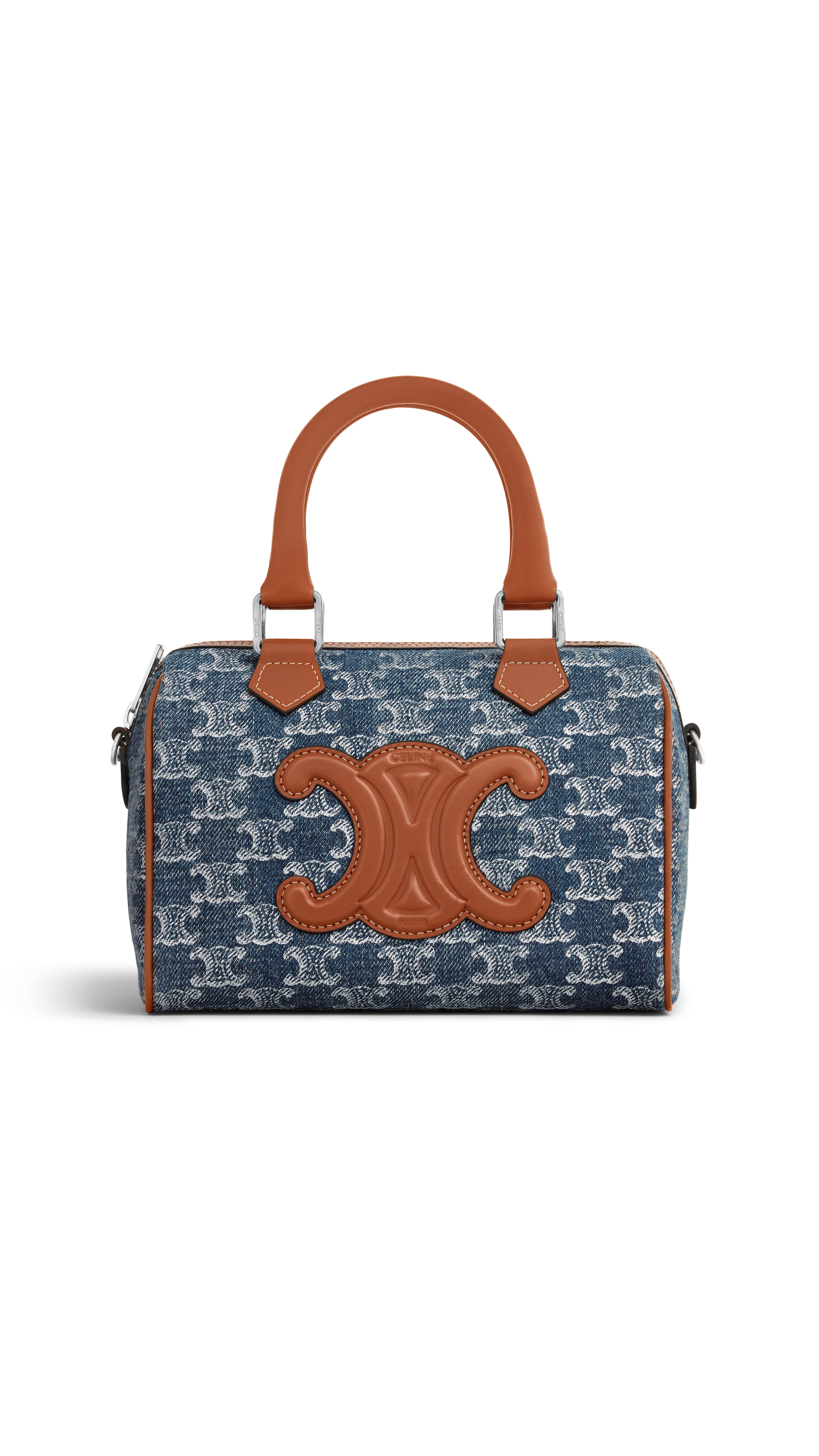 Small Boston Cuir Triomphe Bag in Denim with Triomphe All-over and Calfskin - Denim/Silver