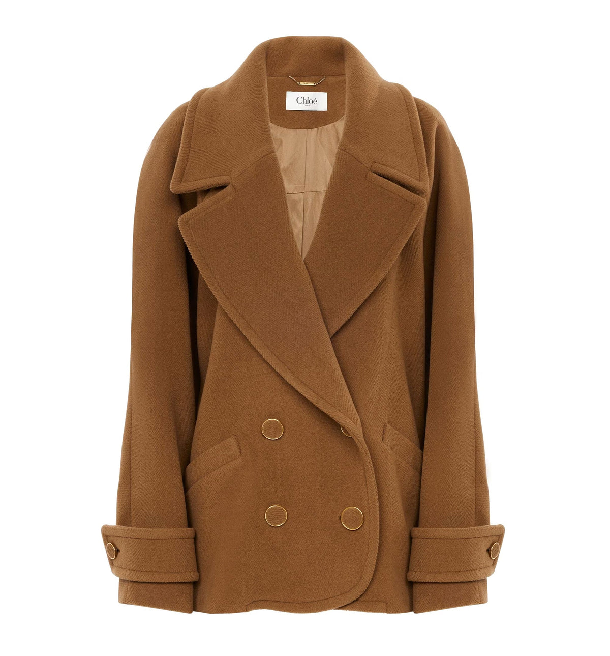 Double-breasted short coat in herringbone wool
