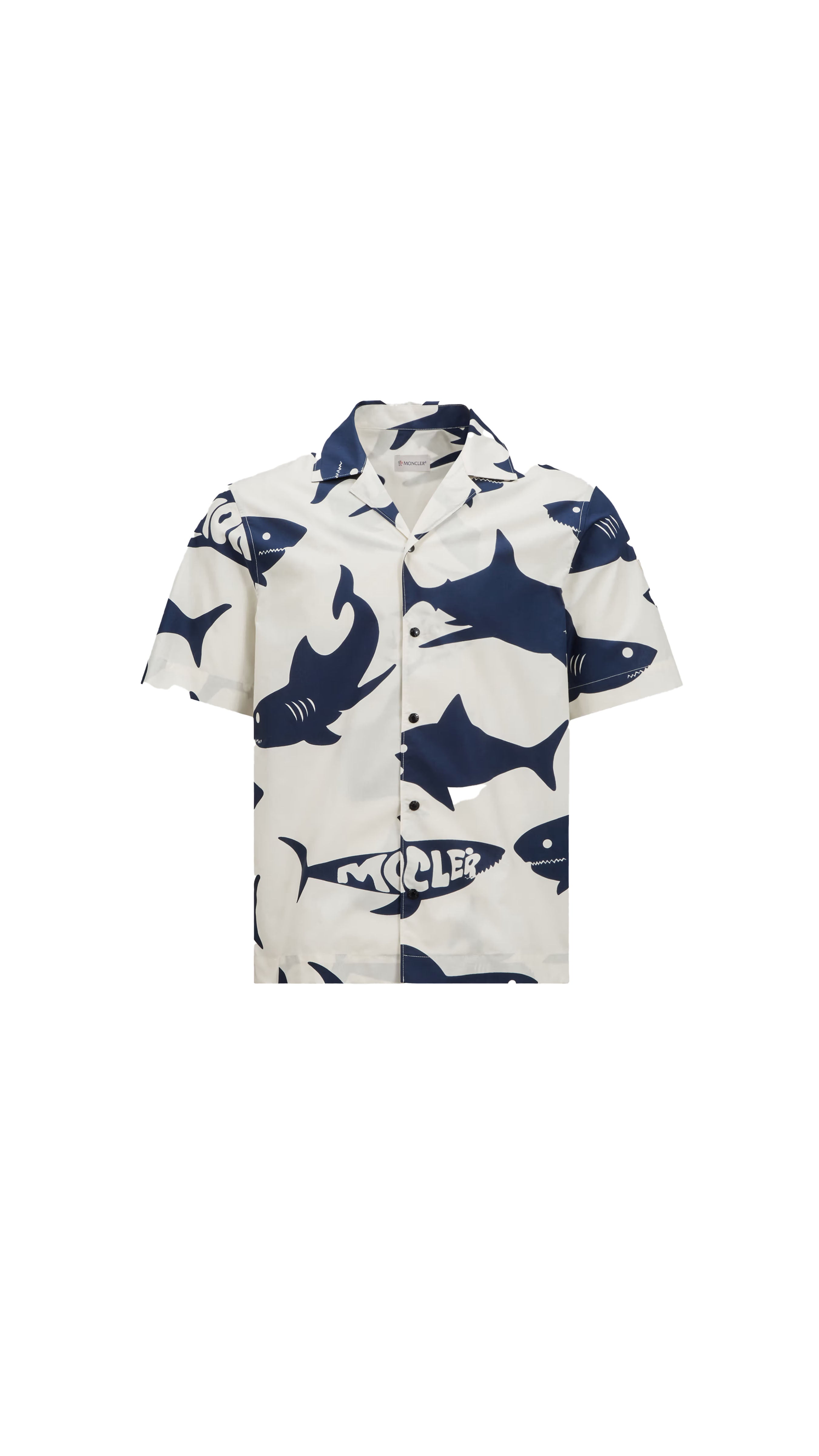 Shark Print Cotton Short Sleeve Shirt - White