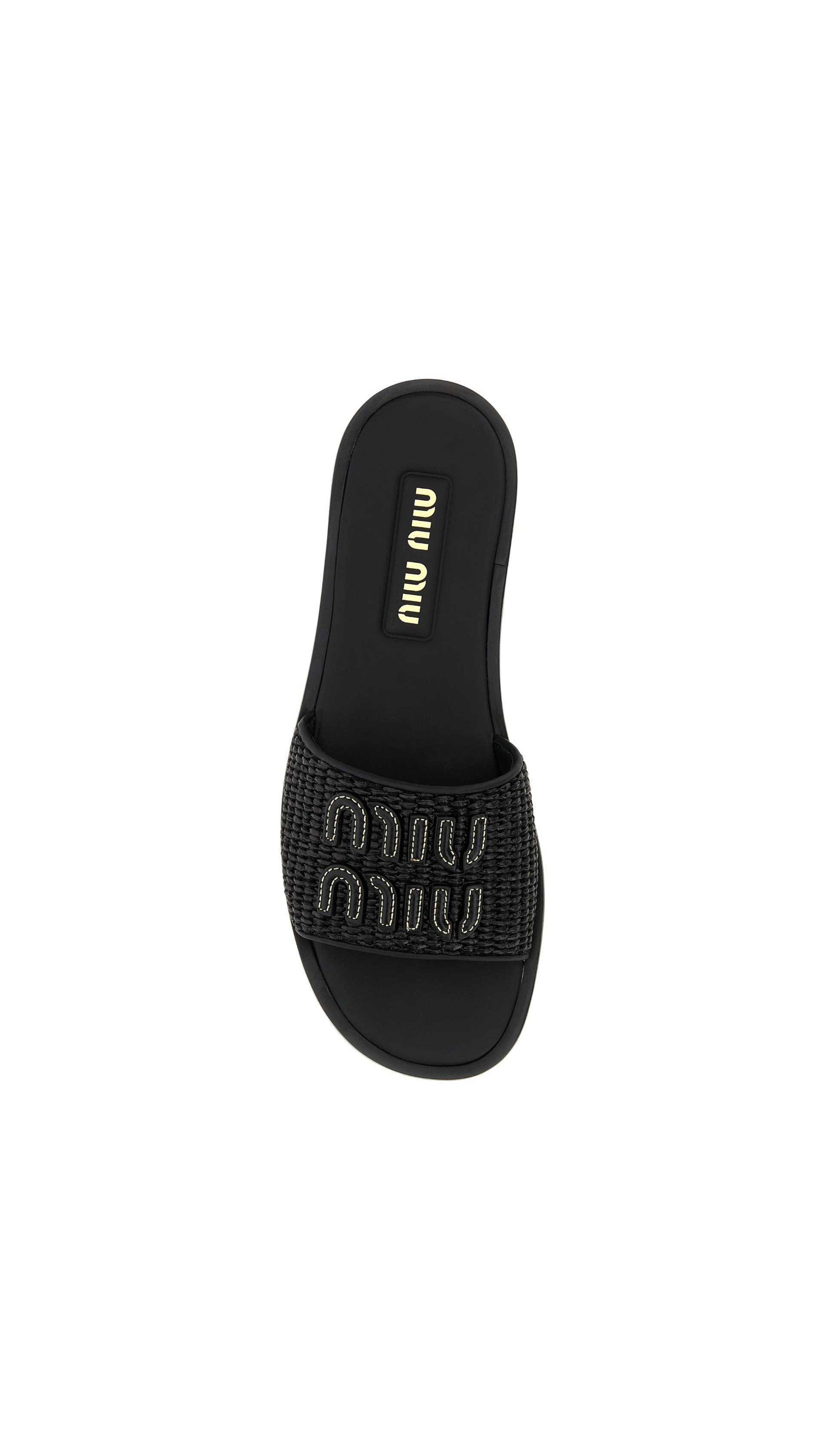 Palmetto and Leather Woven Slides - Black