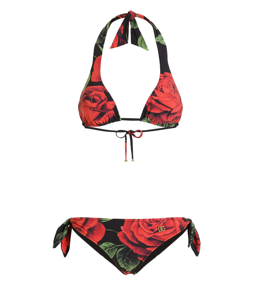 Rose-Print Triangle Bikini