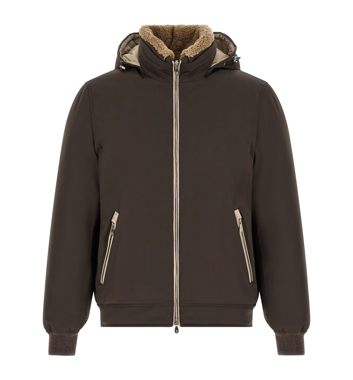 Stretch bonded nylon down jacket with detachable hood