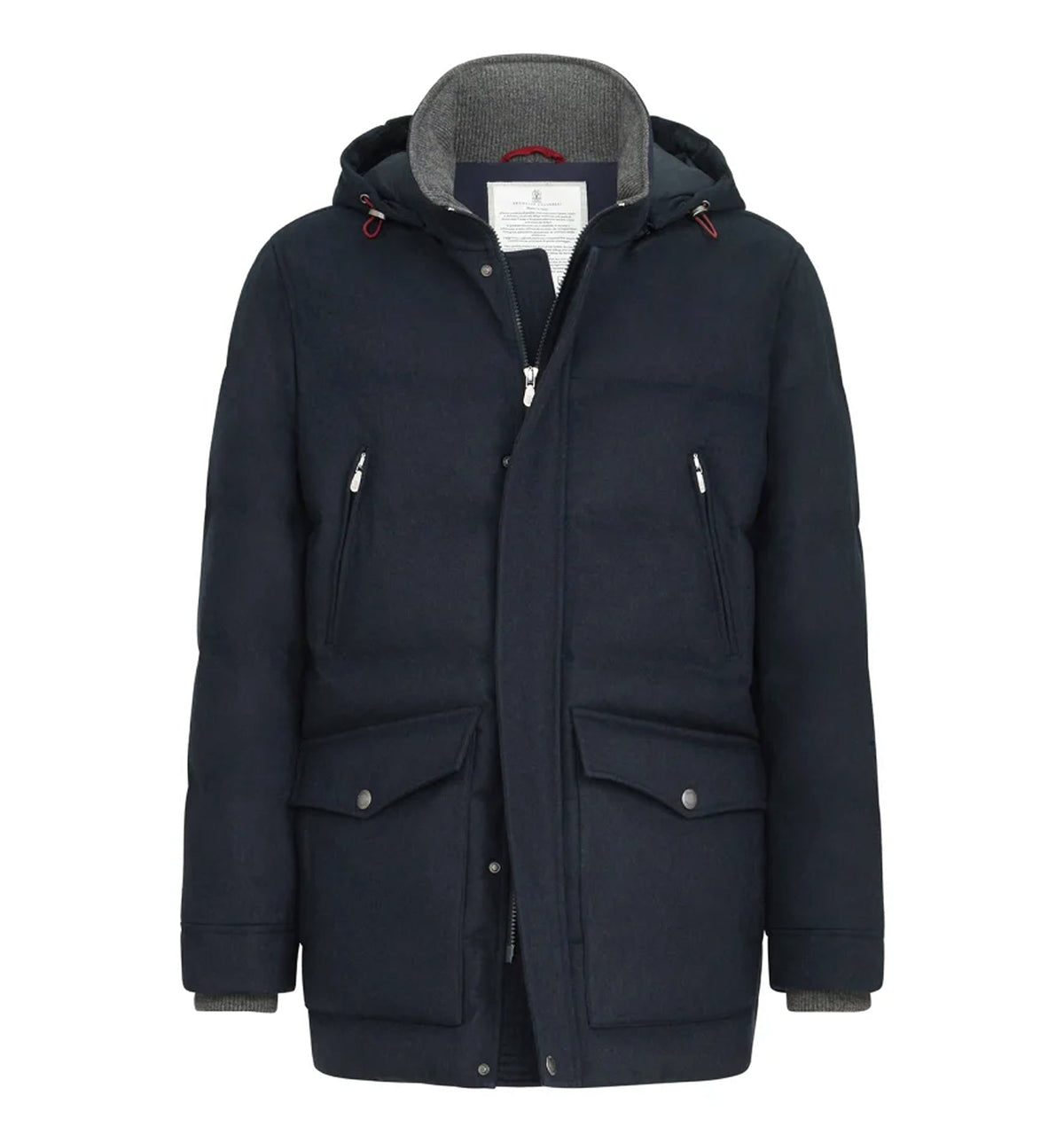 Bonded wool flannel down parka with detachable hood