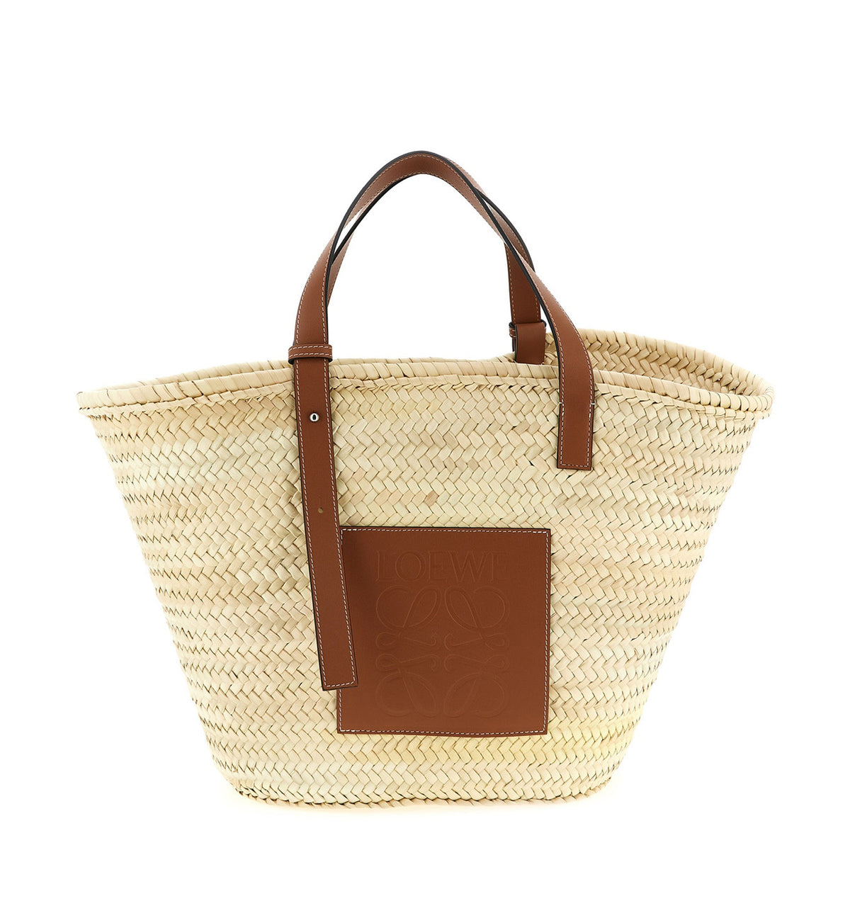 Large Classic Basket In Palm Leaf And Calfskin