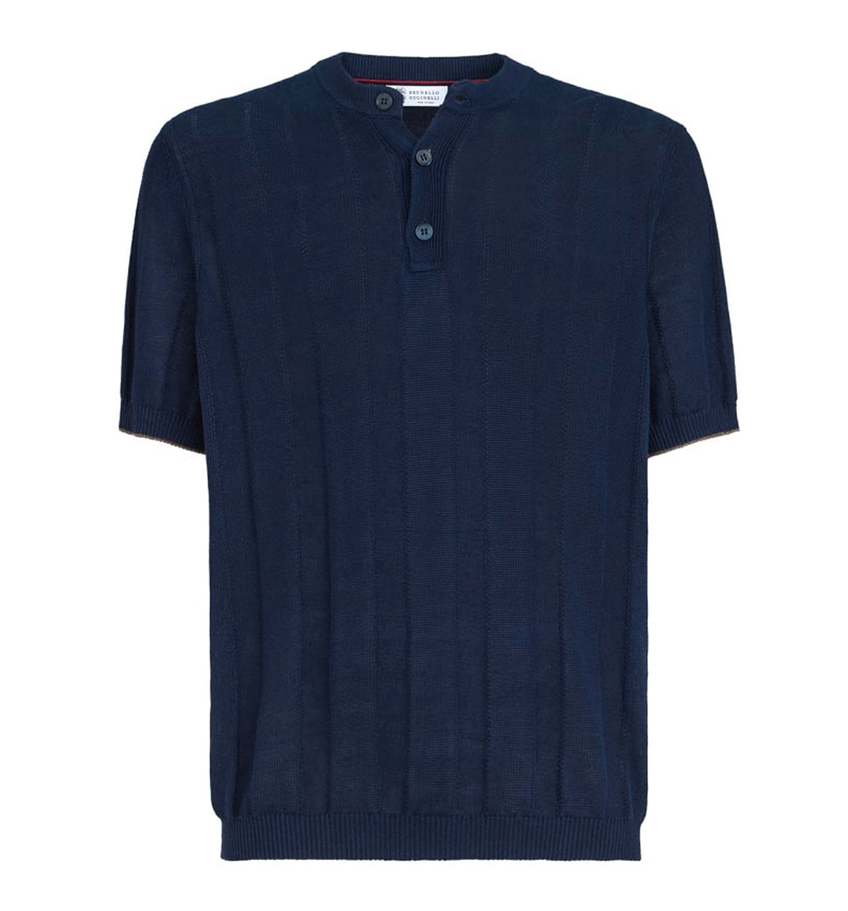 Linen and cotton textured rib knit T-shirt with Henley collar