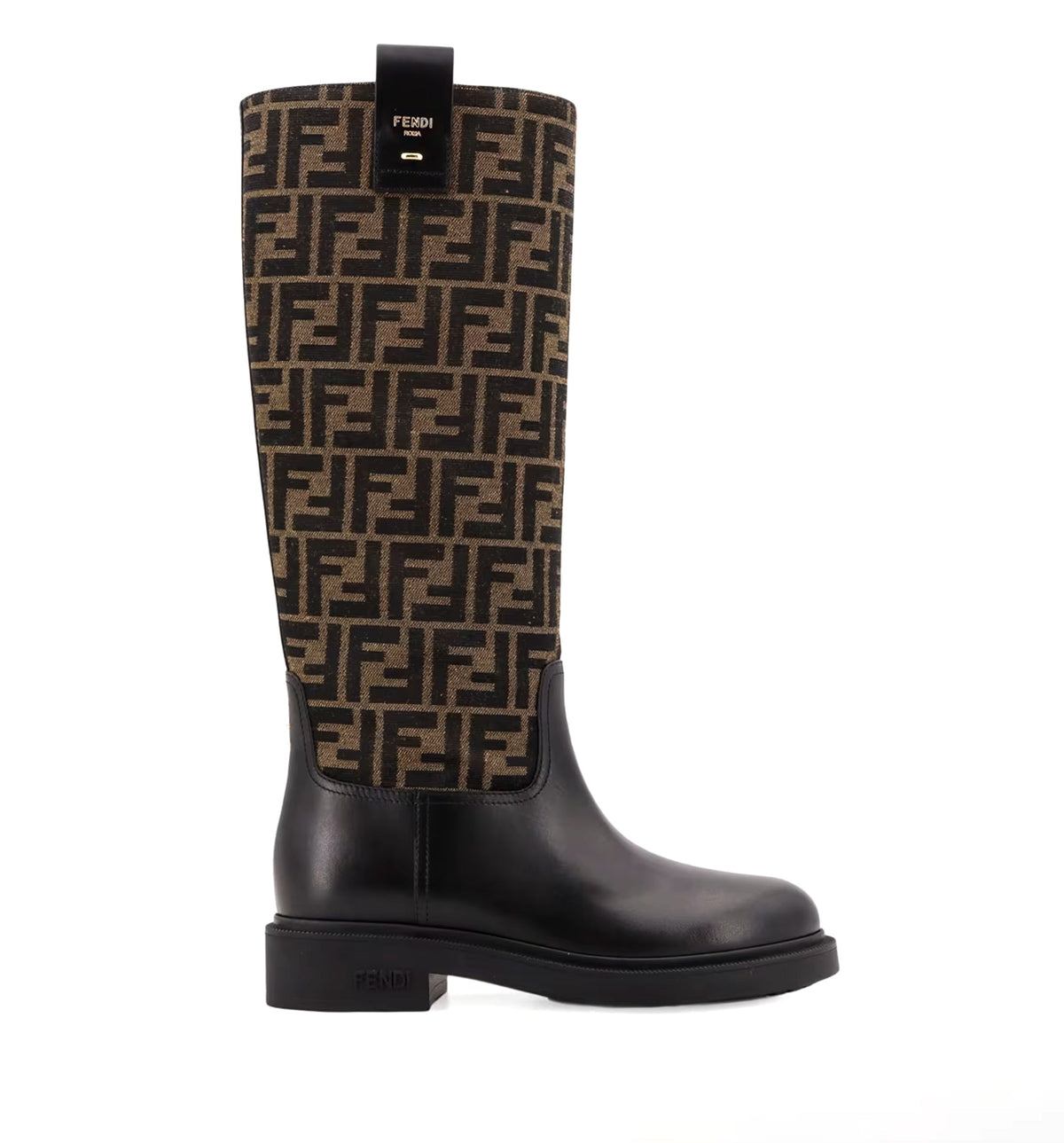 Fendi Filo Black Leather And Brown FF Fabric Boots