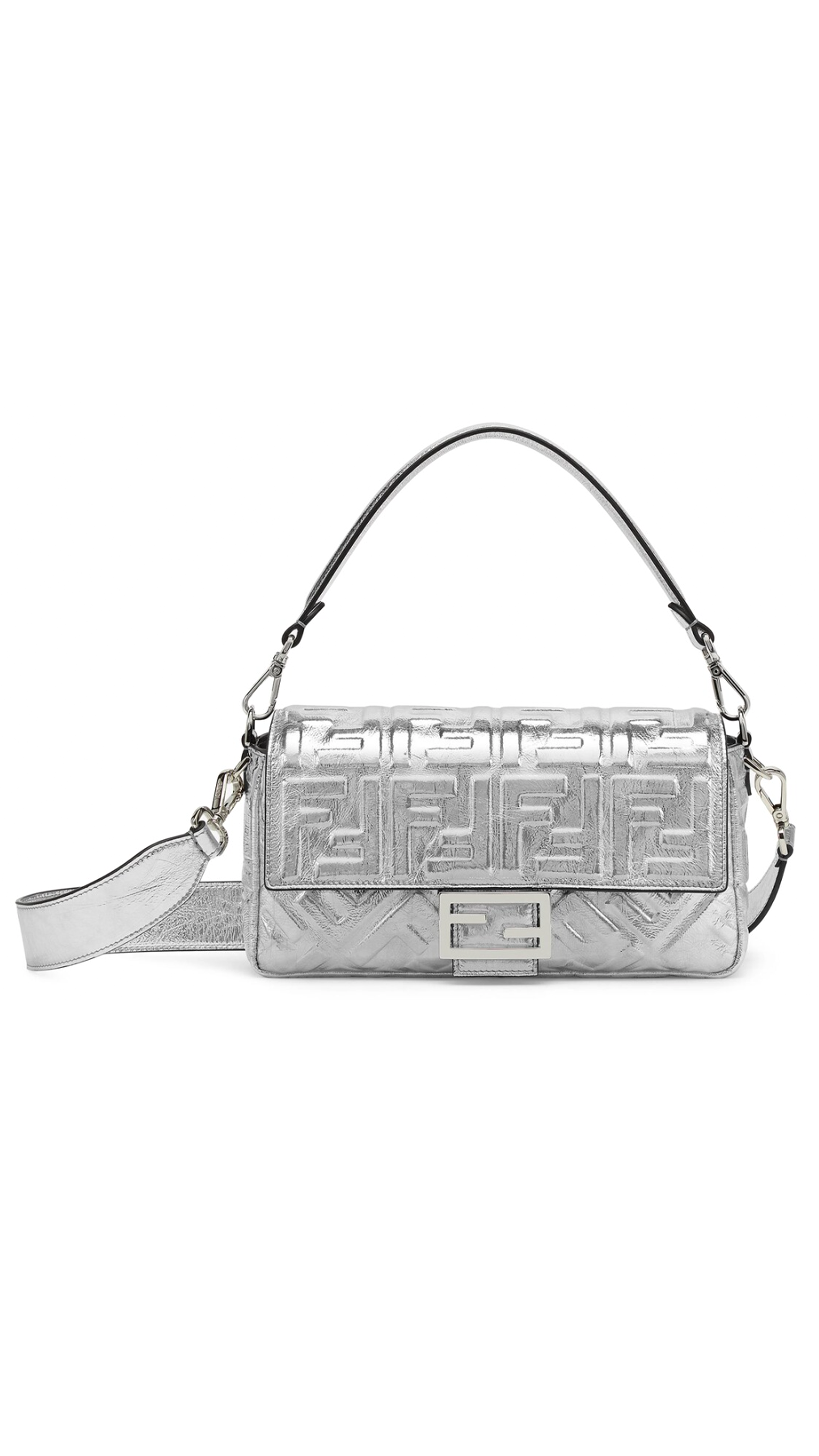 FF Craquelé Leather Baguette Bag - Silver