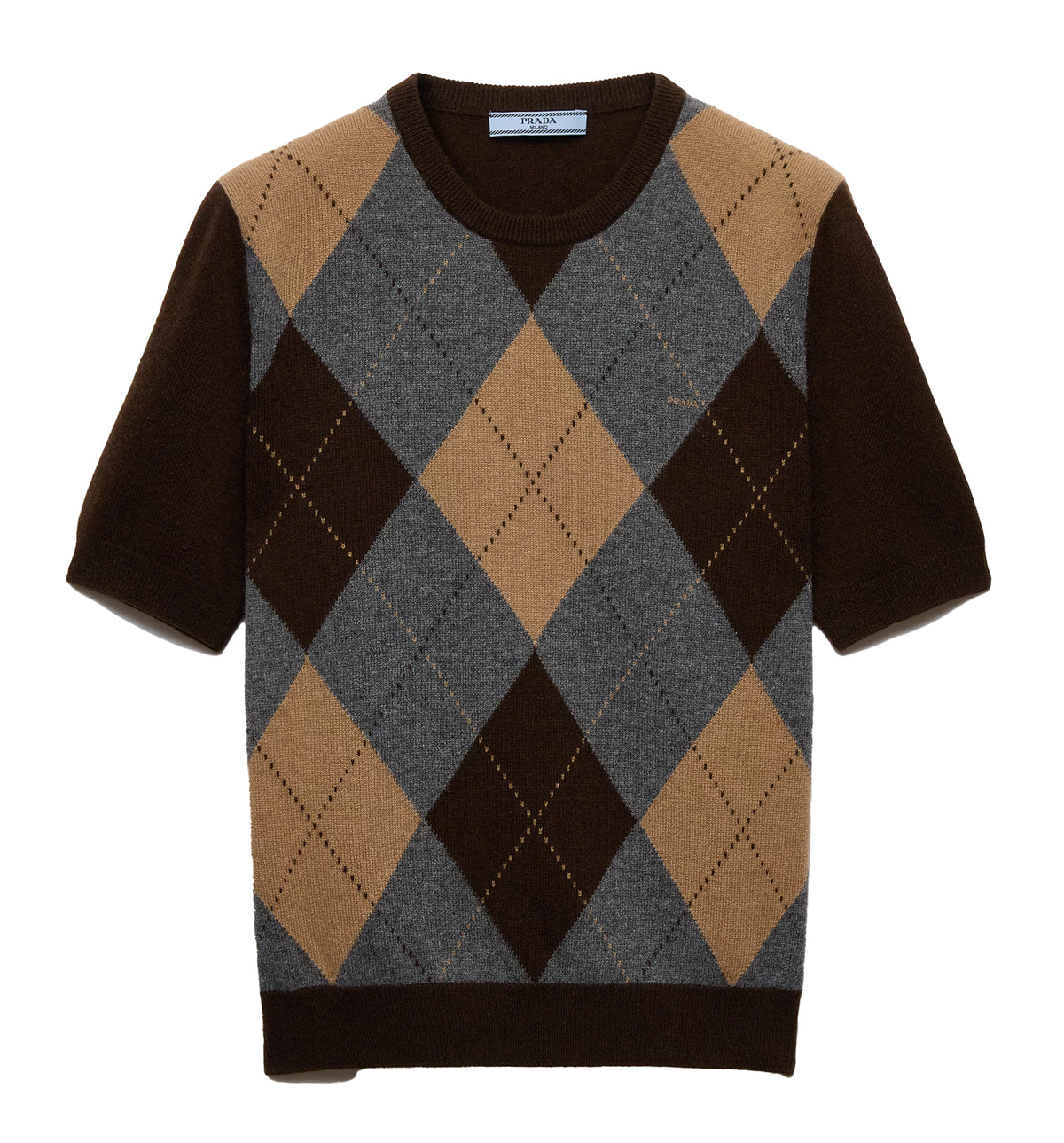 Short-sleeved argyle cashmere sweater