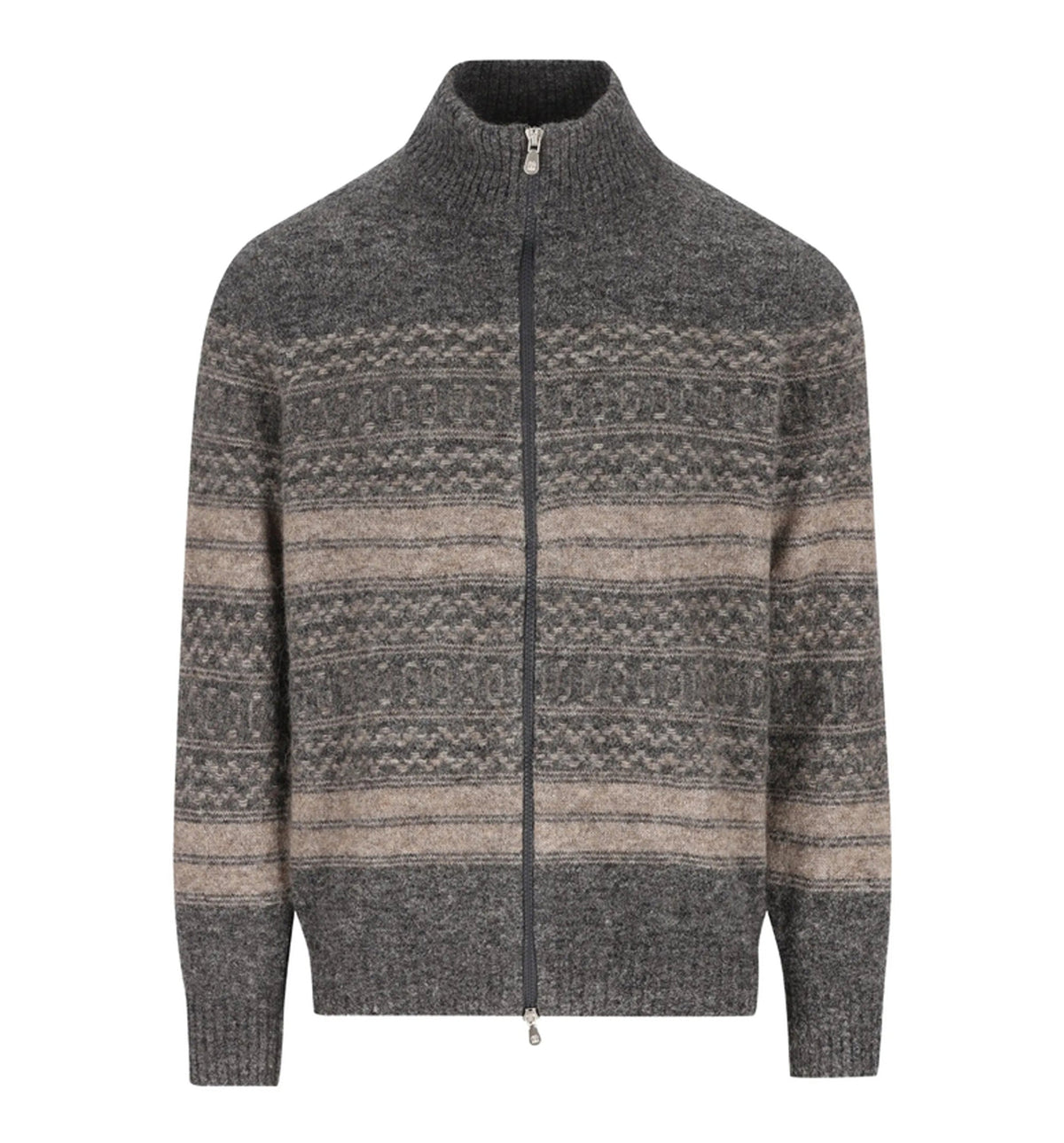 Alpaca, cashmere and wool nordic jacquard high-neck cardigan with zip